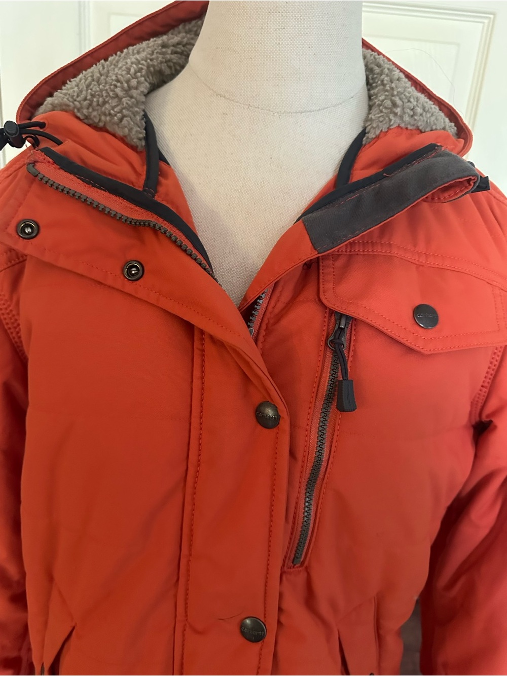 Carhartt Orange Hooded Relaxed Fit Rain Defender Utility Jacket Sherpa Lining - Picture 5 of 7